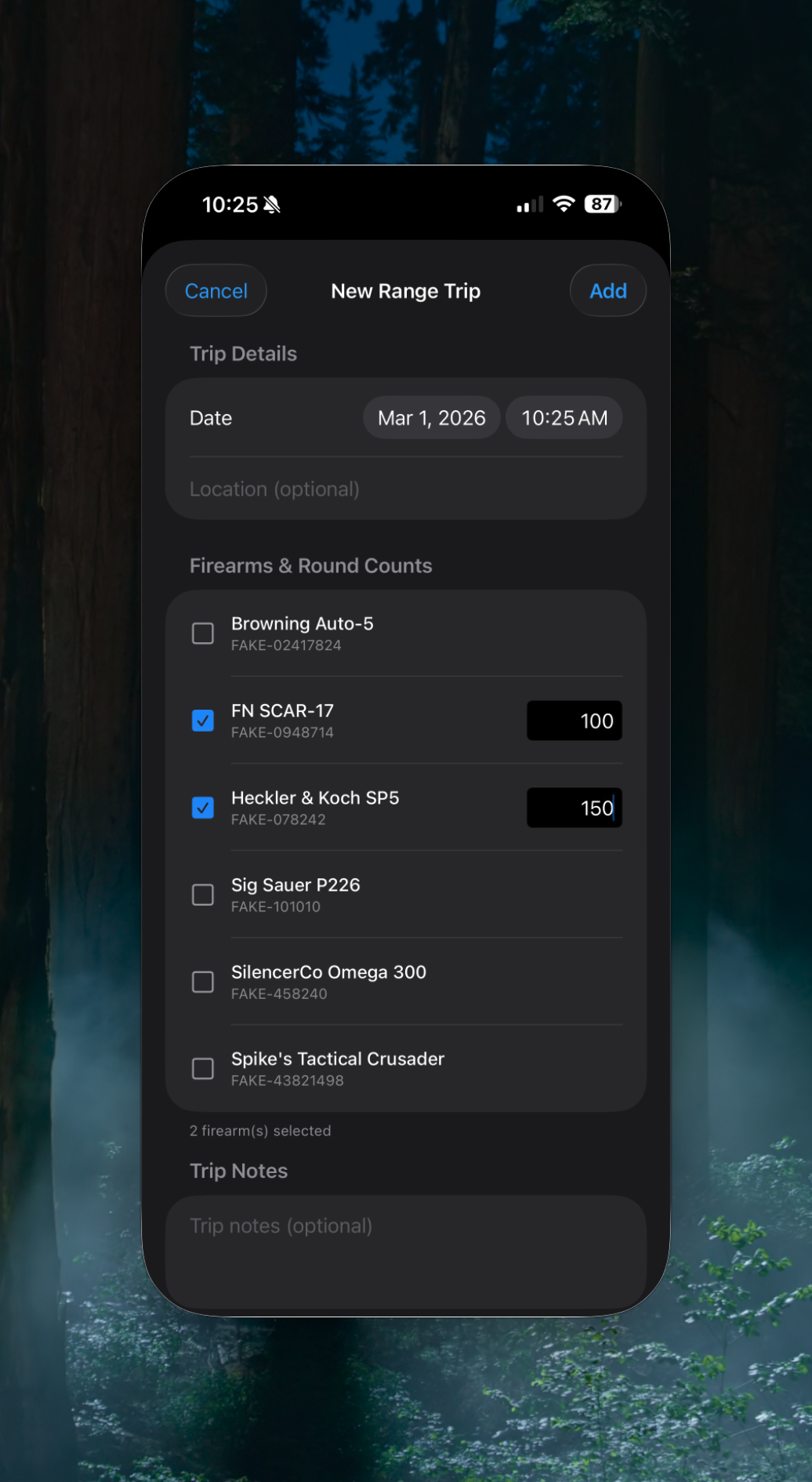 iPhone — New range trip form with firearm selection and round counts
